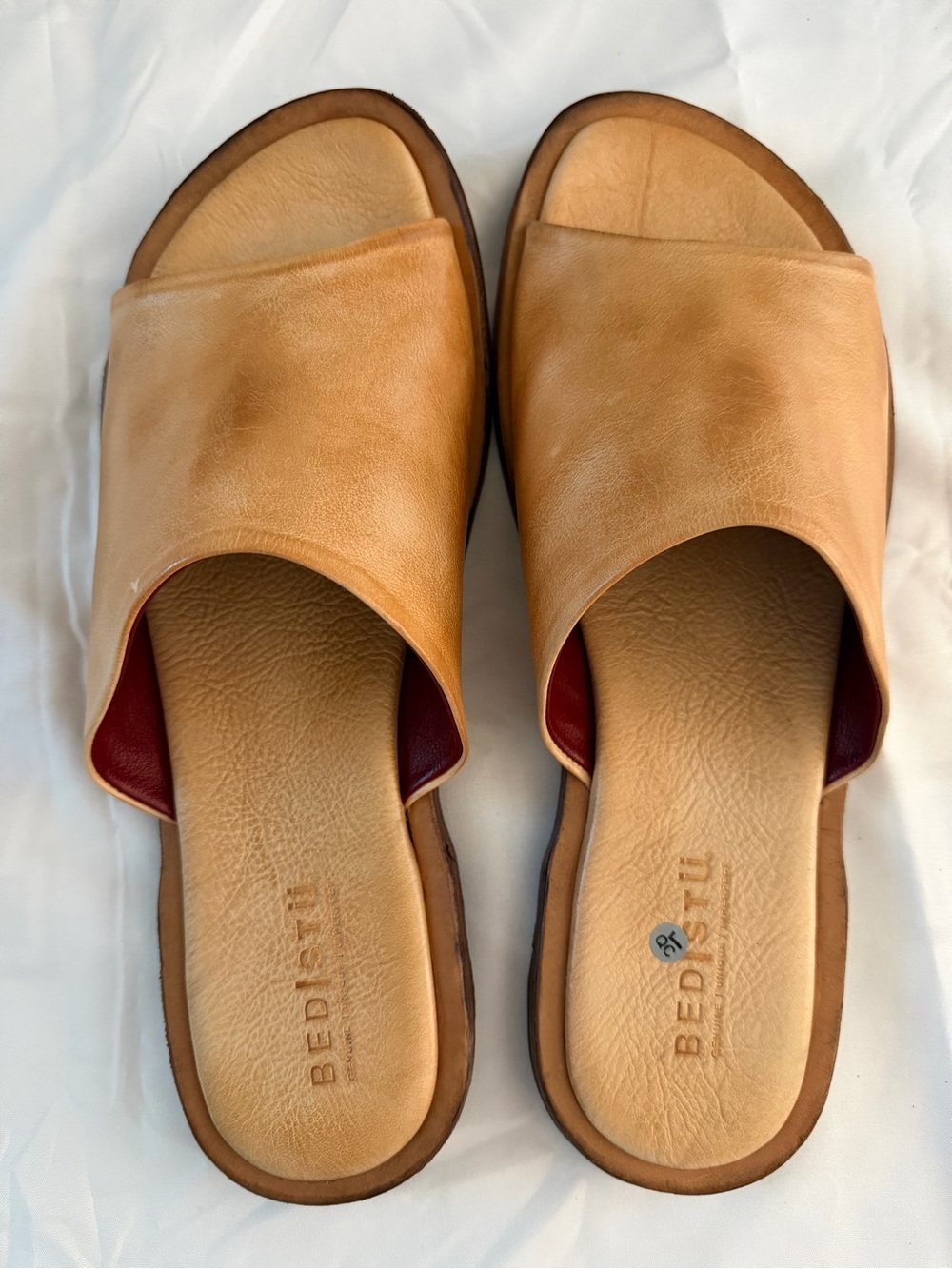BED|STU Tan Leather Slide Sandals with Burgundy Lining